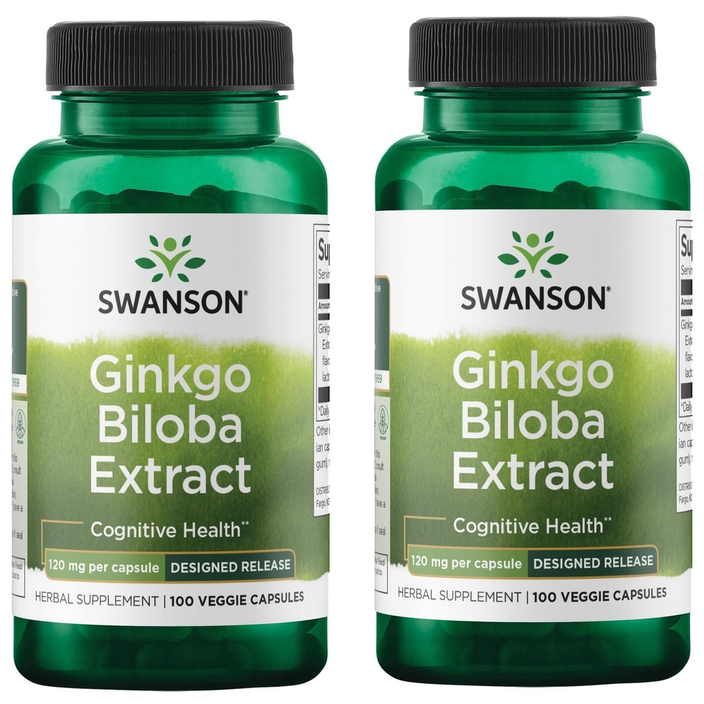 Swanson Ginkgo Biloba ekstrakt Standardisert forsinket minne hjerne kognitiv funksjon Helse Supplement 120 mg (24% flavonglykosider, 6% Terpene laktoner) 100 Veggie Draps (2 Pack)