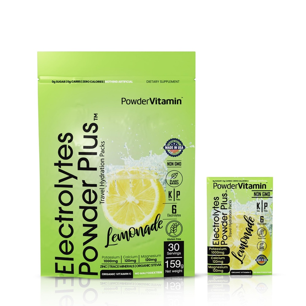 Powdervitamin Electrolytes Powder Plus, keto, sitronade, null sukker, 1000 mg kalium, 120 mg kalsium, 120 mg magnesium, ikke-GMO, null kalorier, 30 Hydration Packets