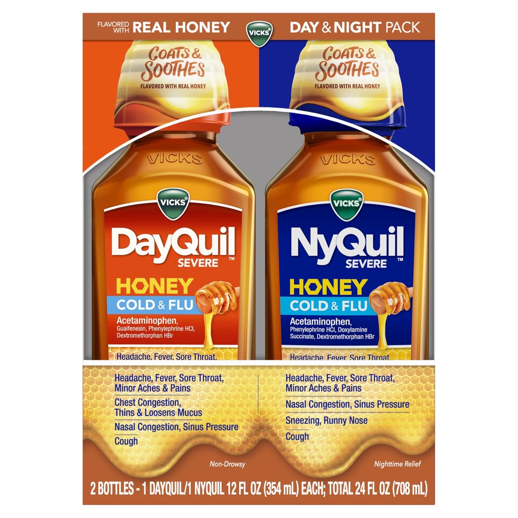 VICKS DayQuil & NyQuil SEVERE Honning Flavor Co-Pack, Cold & Flue medisin, lindrer hodepine, Feber, Sore Throat, mindre smerter og smerter, Nasal Congestion, Sinus Pressure, Stuffy Nese, og Cough, 2x12oz