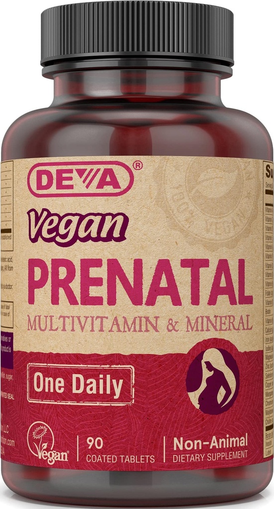 DEVA Vegansk Prenatal Multivitamin og Mineral Supplement - En gang per dag Formula - Vitaminer A, C, D, E, K, B kompleks, med folat & Chelated jern - 90 belagte tabletter, 1-Pack