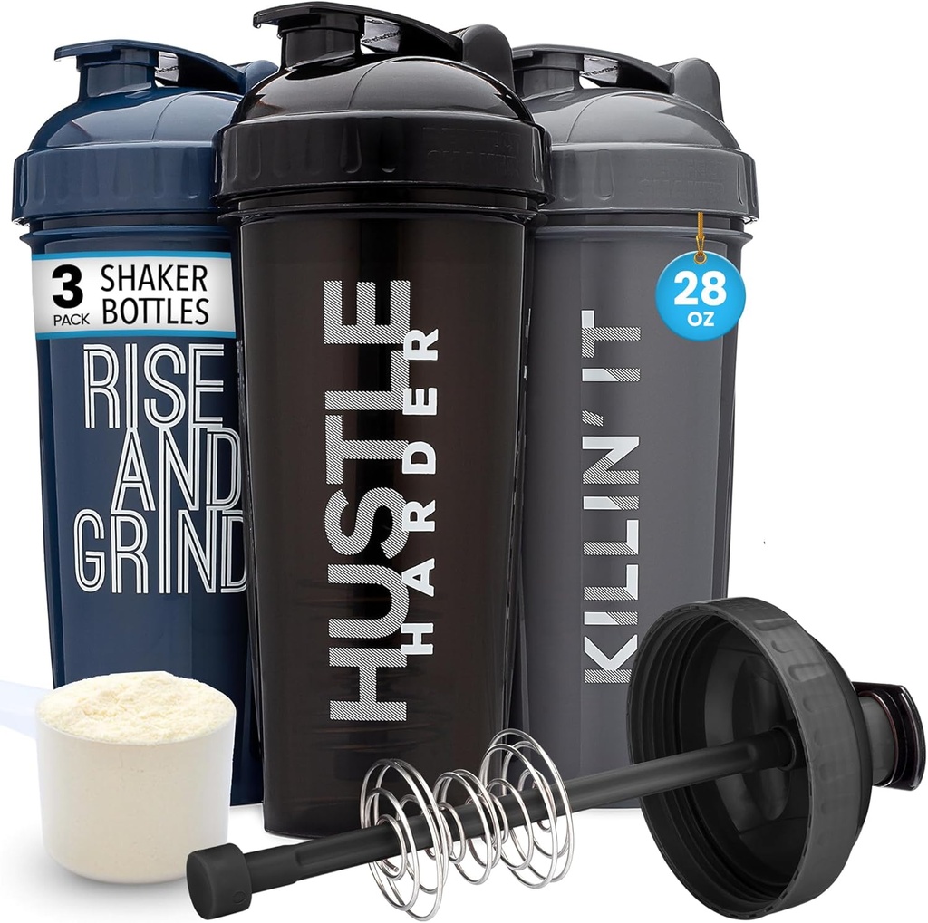 GOMOYO [3-Pack] 28-Ounce Shaker Flaske med Action-Rod Mixer | Protein Shaker Flaske med Motivasjons sitater | Shakers for Protein Shakers er BPA gratis og oppvaskmaskin trygt | sølv, blå, og svart