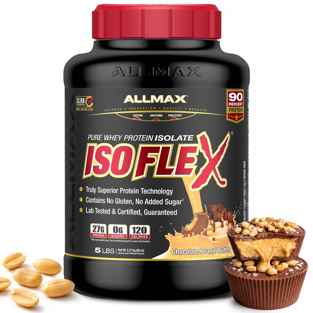 ALLMAX Nutrition - ISOFLEX Whey Protein Powder, Whey Protein Isolate, 27g Protein, sjokolade peanut Smør, 5 pund