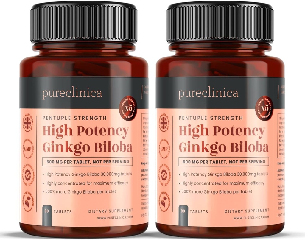renclinica høy styrke Ginkgo Biloba 30.000mg x 180 tabletter (2 flasker av 90) - 6 måneders forsyning - 5 ganger styrken av konkurransedyktige produkter