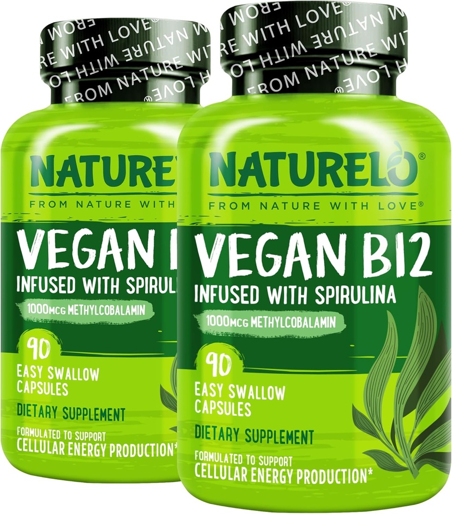 NATURELO Vegan B12 - Metyl B12 med organisk spirulina - høy styrke vitamin B12 1000 mhg Metylkobalamin - støtter sunn humør, energi, hjerte og øye helse - 90 kapsler (pakke med 2)
