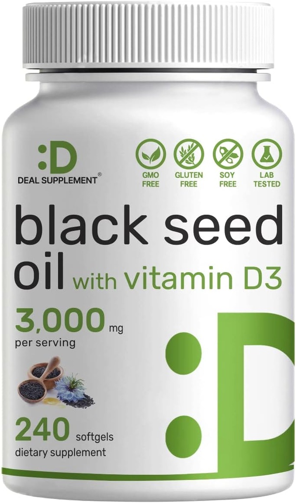 DEAL SupplyMENT Black Seed Oil, 240 Softgels – kaldpresset Nigella Sativa, naturlig forekommende Thymoquinon (TQ) – ikke-GMO, ingen gluten – svart cumin Seed Liquid Capsules med vitamin D3