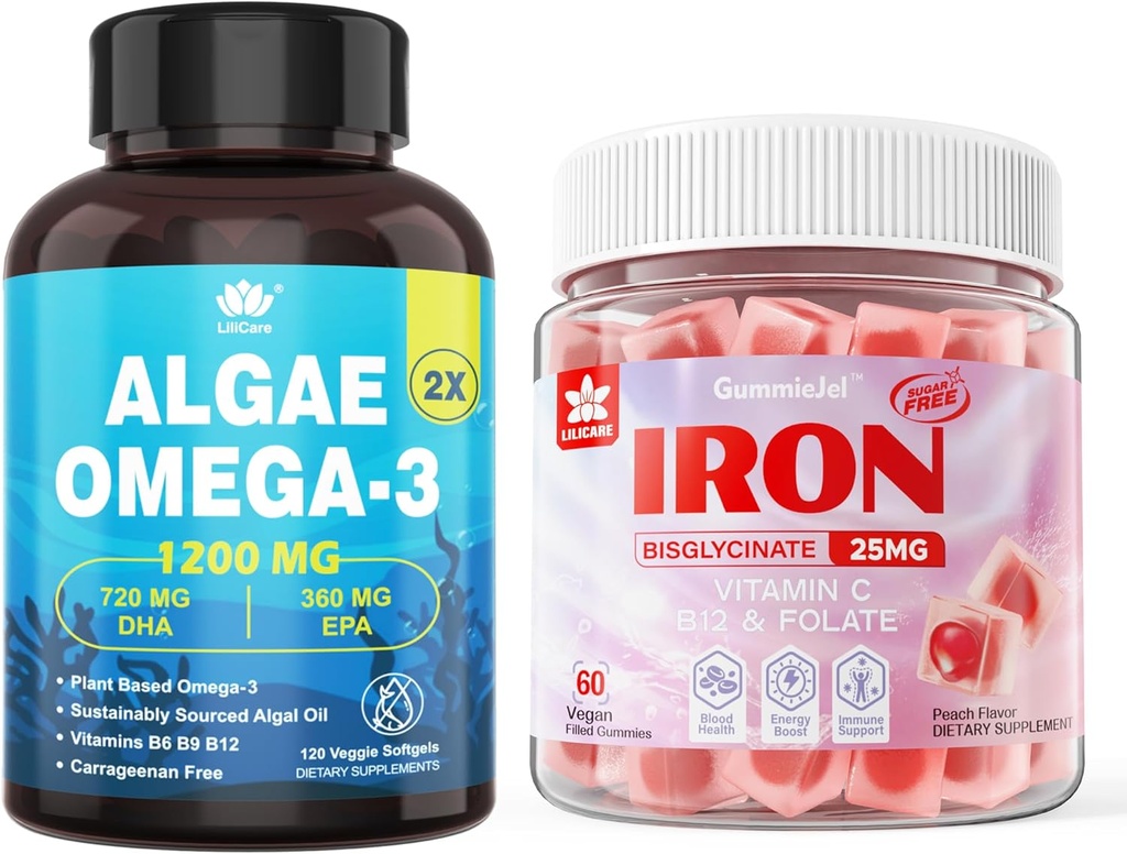 Vegansk jern gummier og plantebasert Algae Omega 3 1200 mg Supplement