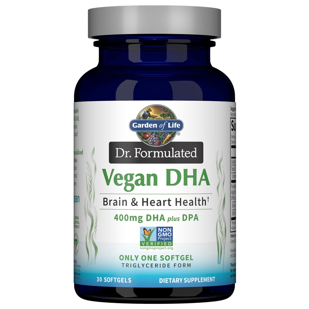 Garden of Life Omega 3 Vegansk DHA Supplements Dr. Formulert Vegansk DHA, 400 mg DHA og 90 mg DPA i Triglycerid Form fra en enkelt kilde, Omega 3 Supplement for kvinners og menns helse, 30 Softgels