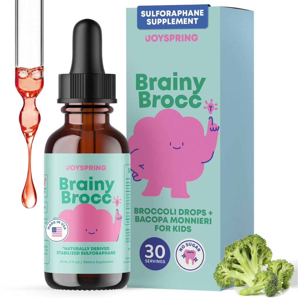 JoySpring Broccoli Supplement for barn | Sulforaphane & Bacopa Monnieri Drops | Støtter Kognitiv funksjon | Vegan & Kid-Friendly