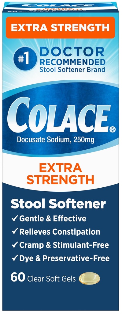 Colace Extra Styrke Stool Softener For Gentle Effektiv Accelerator Relief, #1 Legen anbefalt Stool Softener Merke, 250 mg Docusate Kapsler, 60 greve (pakke med 1)