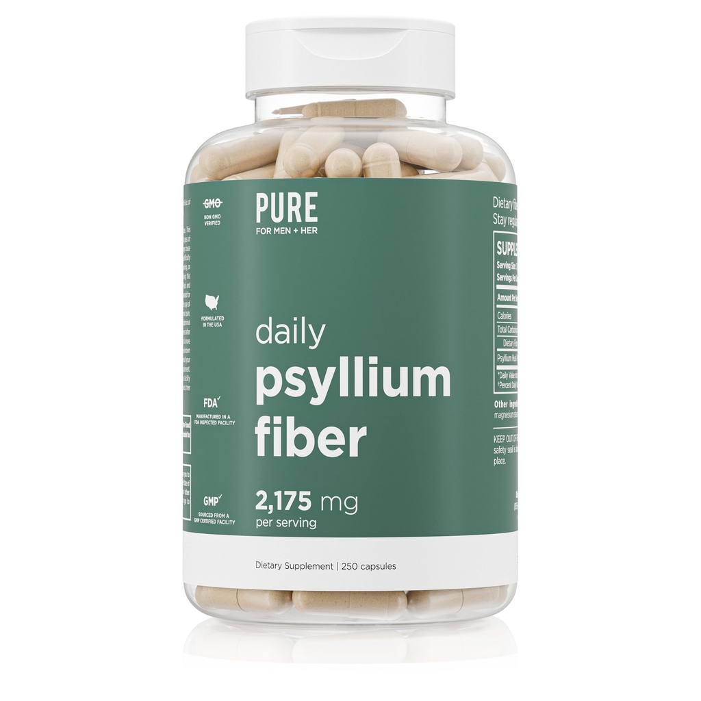 Pure for menn daglig Psyllium Husk Fiber Supplement ren for henne Digestiv regelmessighet og Gut Helse støtte ® Oppløselig fiber pulver, 2,175mg Per Serving ® 250 kapsler