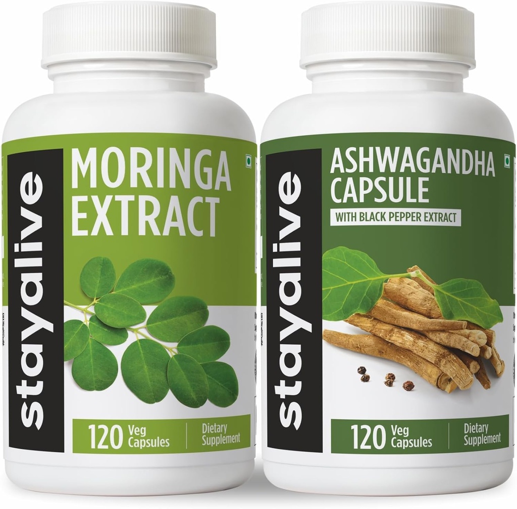 STAY ALIVE Moringa og Ashwagandha Bundle w/Black Pepper Extract, 240 Vegan piller, ikke-GMO & Glutenfri Ashwagandha Moringa Supplement 2 Pack