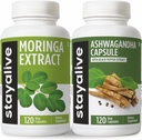 STAY ALIVE Moringa og Ashwagandha Bundle w/Black Pepper Extract, 240 Vegan piller, ikke-GMO & Glutenfri Ashwagandha Moringa Supplement 2 Pack
