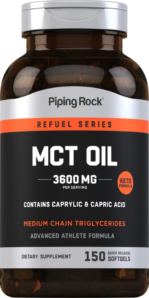 Piping Rock MCT Olje Softgel Kapsler | 3600 mg | 150 piller | keto-godkjent | Ikke-GMO, Glutenfri Supplement