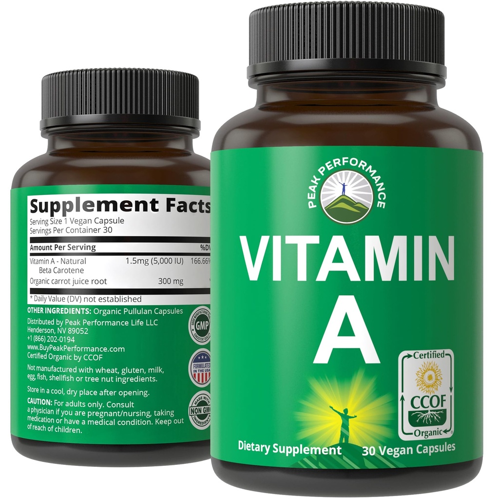 Certifisert organisk vitamin A 5000 IU Supplement Kapsler høy styrke vitaminer. for voksne, menn, kvinner, barn. Laget med økologisk Carrot Juice. Flott for immun, hud, øyestøtte. Ikke GMO, Vegan piller