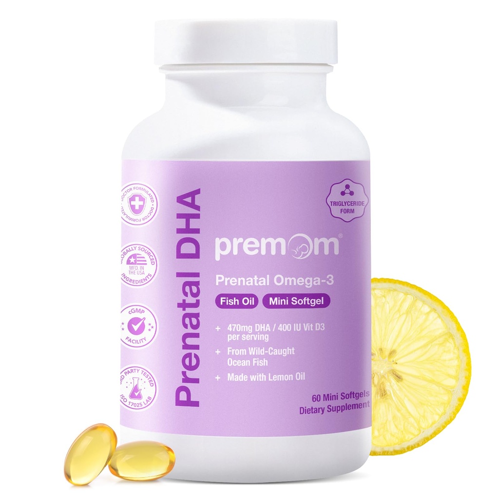 Premom Prenatal DHA Fish Oil: Triglyserid Omega 3 med 470mg DHA, 200mg EPA + 400 IU VIT D3 Supplement - Fertilitetsstøtte for kvinner - Globalt laget fra Wild Caught Fish