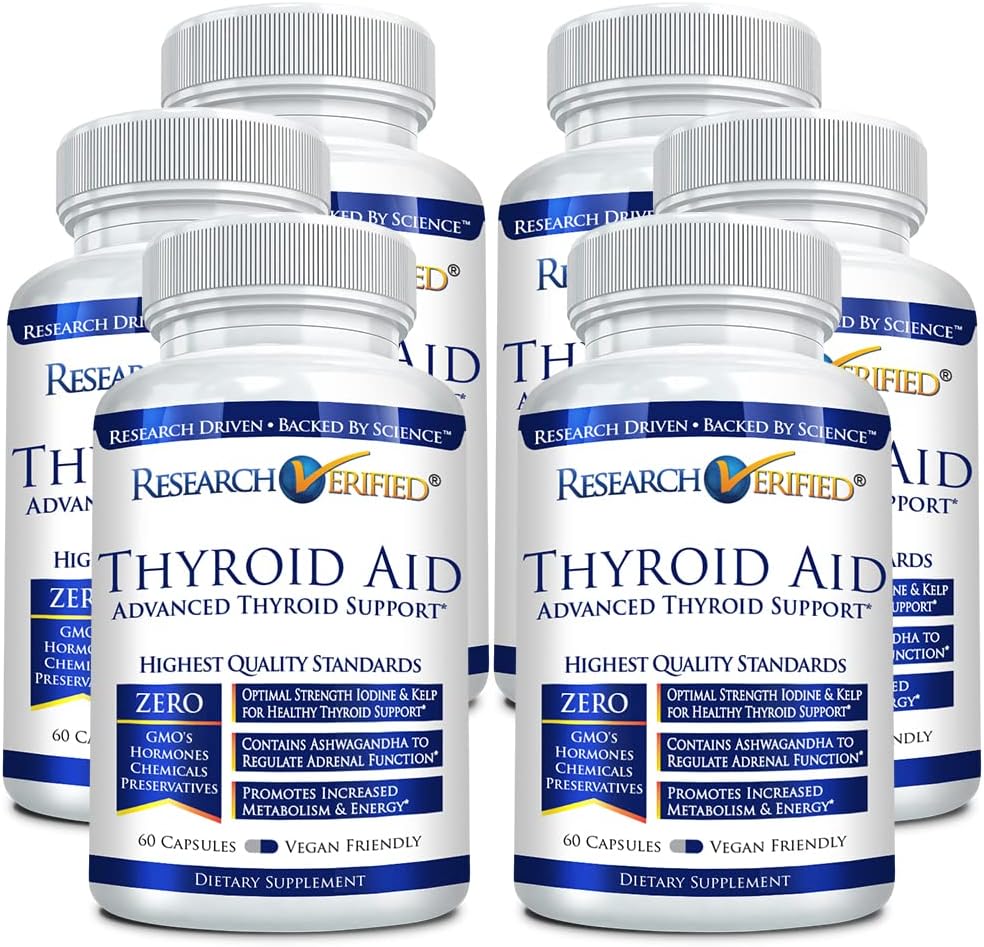 Forskning Bekreftet ® Thyroid Aid - Optimal Thyroid funksjon med jodin, kobber og sink - 260 mhg Selen - 100% ren - Vegansk Vennlig - 60 kapsler per flaske - 6 flasker