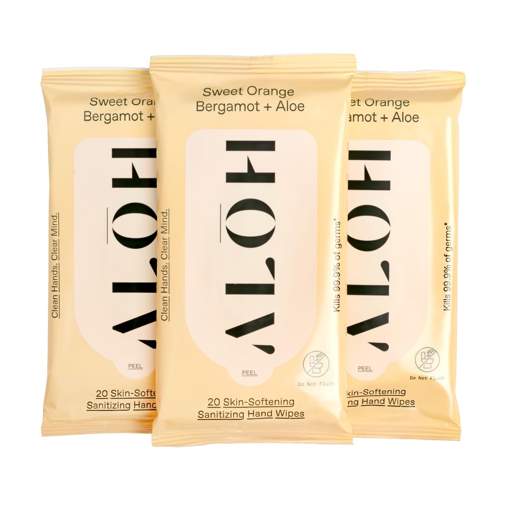 ALŌH Søt Orange Bergamot + Aloe Sanitizing Hånd Tørker - Rene hender, Clear Mind - On the Go Hand Sanitizing Wipes for barn og voksne - Reisestørrelse 3 Pack 20ct Wipes (60 tørker)