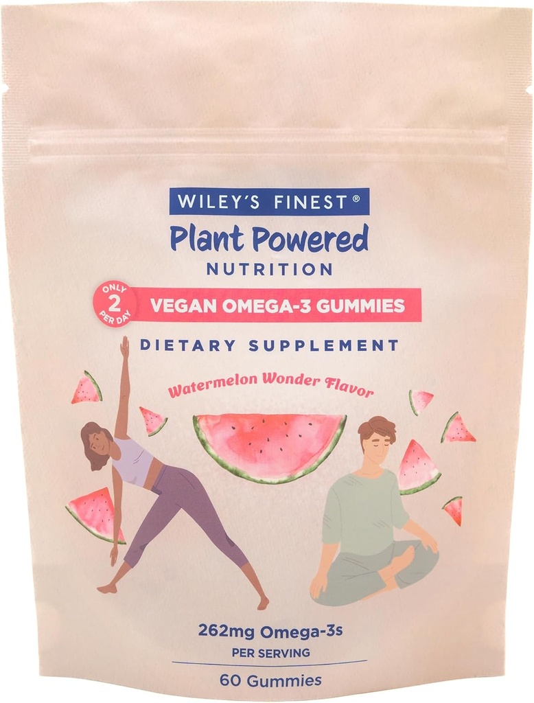 Wiley'S Fineste Vegan Omega-3 Gummies - Naturlig Sukker - Vegetarisk Dha, Ala & Sda - Glutenfri - Vannmelon Flavor, 60 Gummies