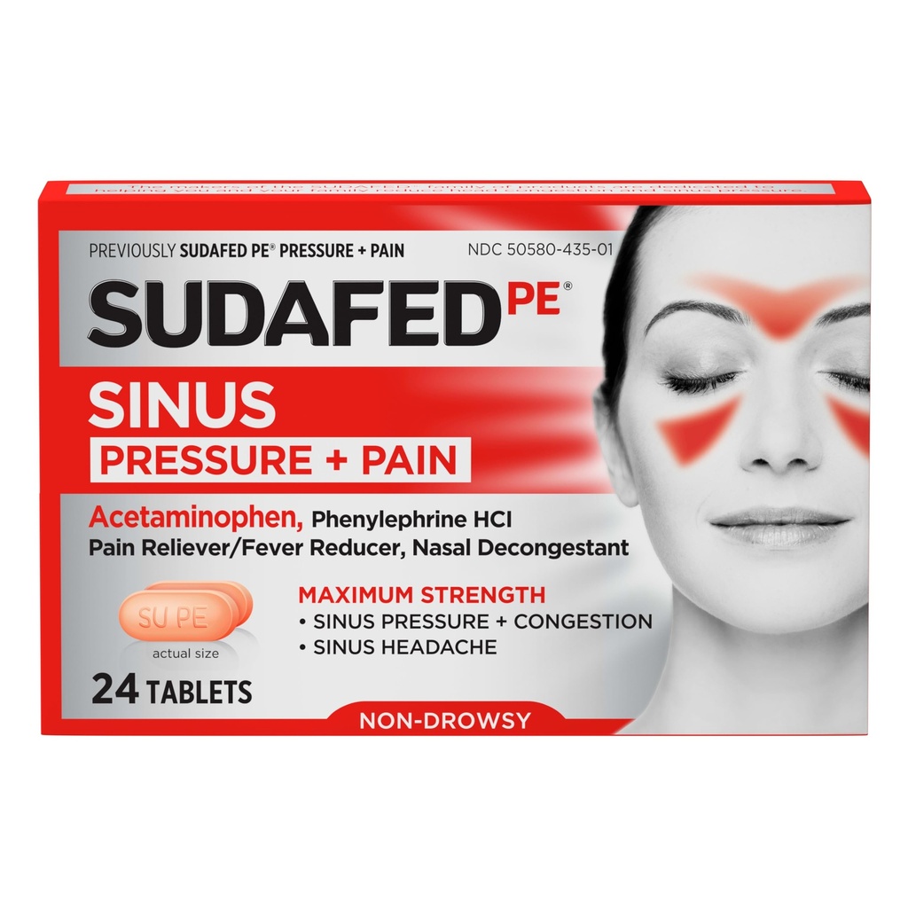 Suafed PE Sinus Pressure + smerte lindring tabletter, maksimal styrke, ikke-Drowsy, OTC Sinus Relief Medisin med Acetaminophen Smerte Relief & Phenylefrin HCl Nasal Decongestant, 24 ct