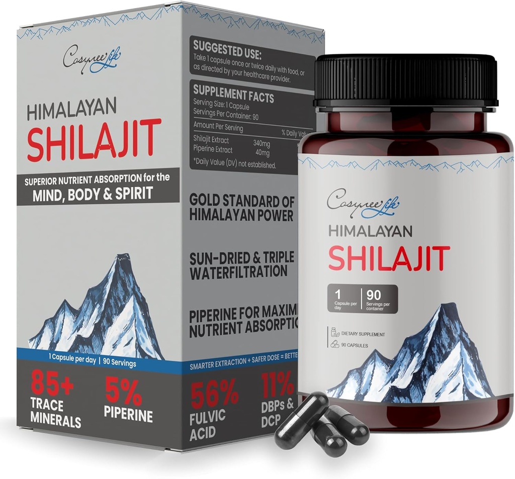 koseligne Himalayan Shilajit - Shilajit Kapsler, Shilajit for menn, Shilajit for kvinner, 56% Fulvic Acid & 5% Piperine, 90 Caps