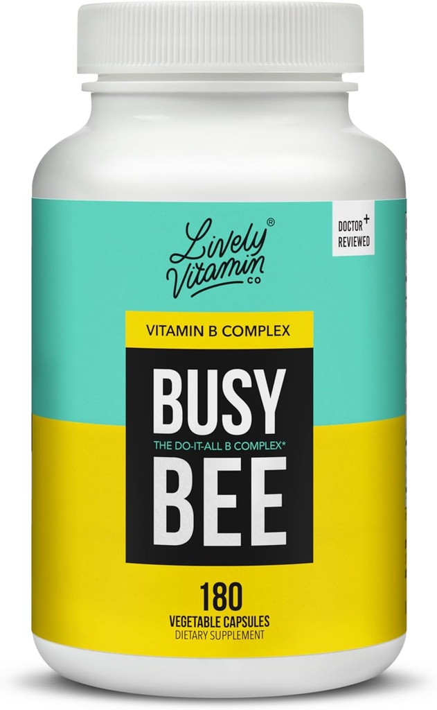 LIVLIG VITAMIN CO. Opptatt Bee - Biologisk tilgjengelig Vitamin B-kompleks med kolin - Energi - Stress - Brain Fog - Mental Klarhet - oksidativ skade - Dairy Soy Glutenfri - 180 Vegankapsler