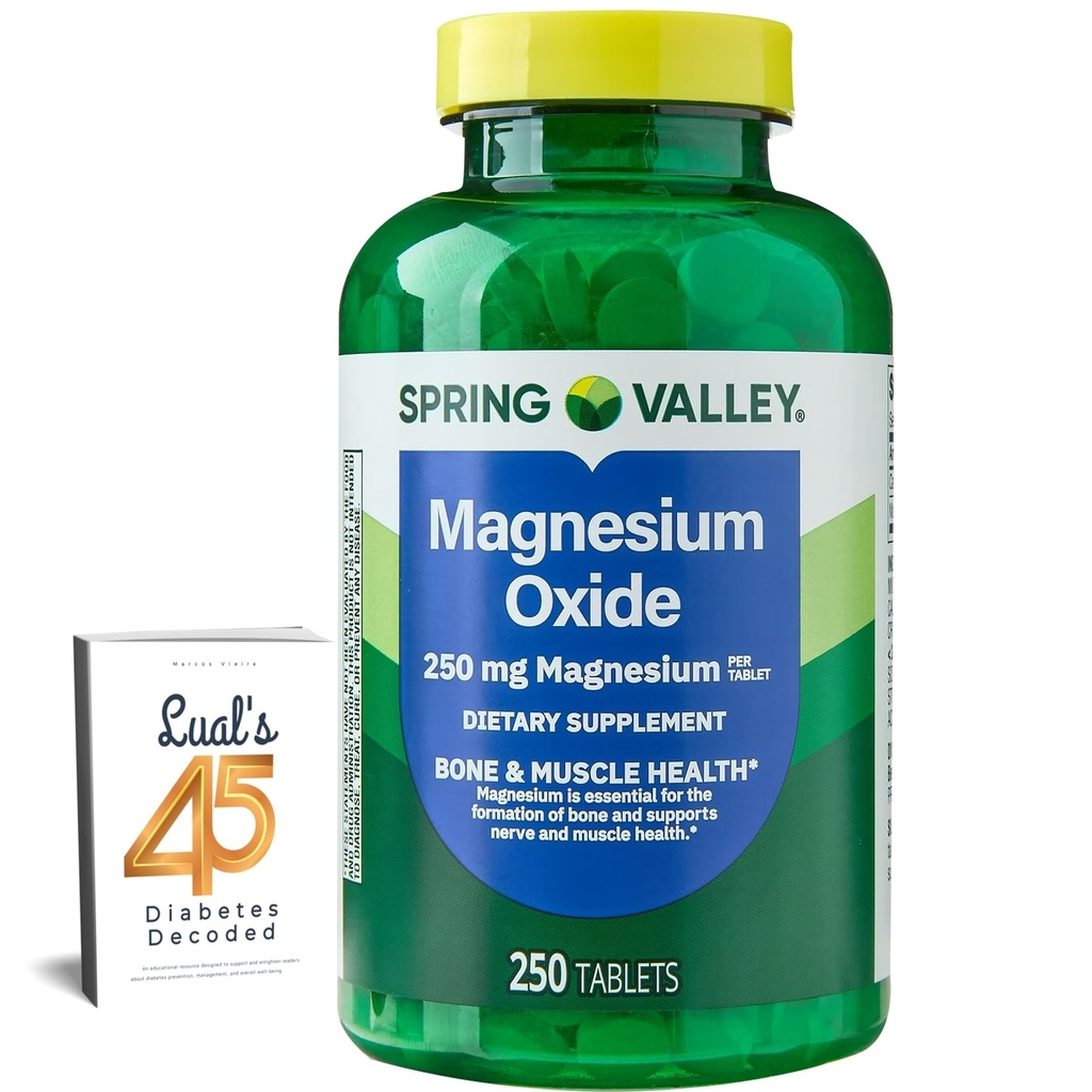 Spring Valley Magnesium 250mg 250 greve, bein og muskel helse, beste magnesium Supplement for kvinner, kosttilskudd Bundle med Lual 45 diabetes dekodet