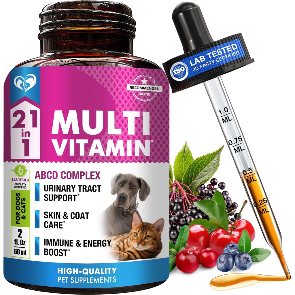 Cat & Dog Multivitamin flytende med glukosamin & tranebær | 15 i 1 Helse kosttilskudd for urinveien Tract Nurrenal, Bladder, Hip & Joint, Skin & Coat | Naturlig UTI medisin laget i USA (60 ml)