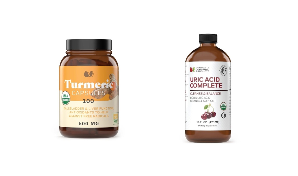 Komplett naturlige produkter Turmeric 100 kapsler og uricsyre Complete 16oz bunke