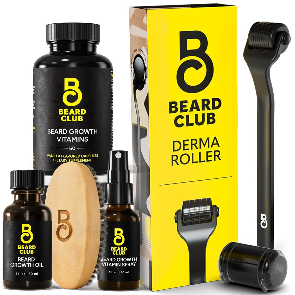 The Beard Club Derma Roller & Essential Beard Kit - Skjegg Roller, Skjeggolje, Skjegg Spray, Skjegg vitaminer