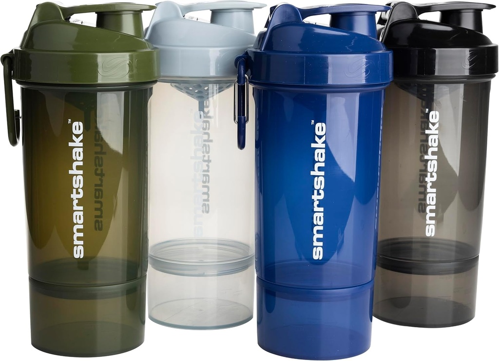 Smartshake O2GO ONE 4-Pack Protein Shaker Flaske 800 ml | 27 oz - Oppbevaring Inkludert - Leakproof Skrue-on Lid - BPA Gratis – Unisex - Mist Gray, Army Green, Black, Navy Blå