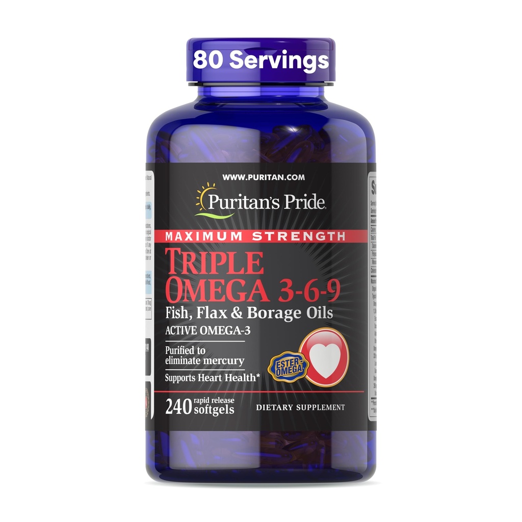 Puritans Pride Premium maksimal styrke trippel aktiv omega 3-6-9 fisk, Flax, og boreoljer, kosttilskudd for hjerte, ledd og cellulære helsestøtte, 240 Rapid Release Softgels