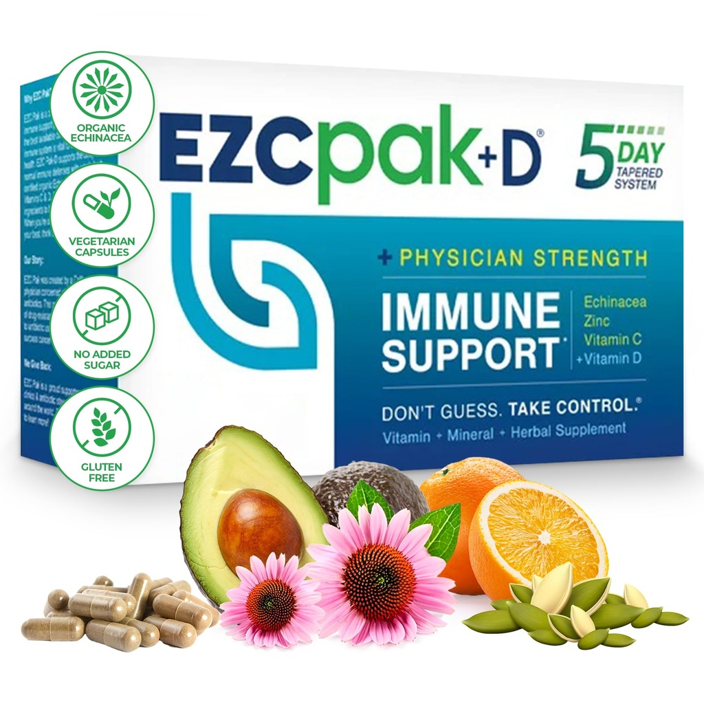 EZC Pak 5-dagers immunsystem Booster med Echinacea, Vitamin C, Sink & Vitamin D - Tapered Immune Support Supplement for voksne - Støtter immunisme, enkel reisestørrelse Supplement Pack