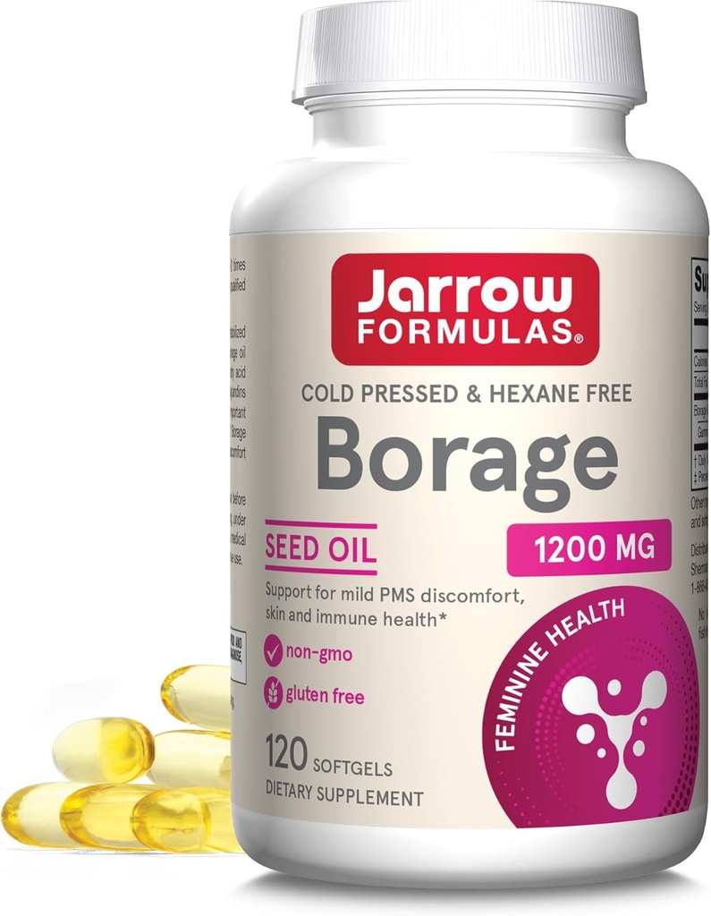 Jarrow Formulas Borage 1200 mg - 120 Softgels - Kilde til GLA - Borage Olje Supplement - for hud helse og immunsystem støtte, mild PMS Discomfort Support - opp til 120 Services