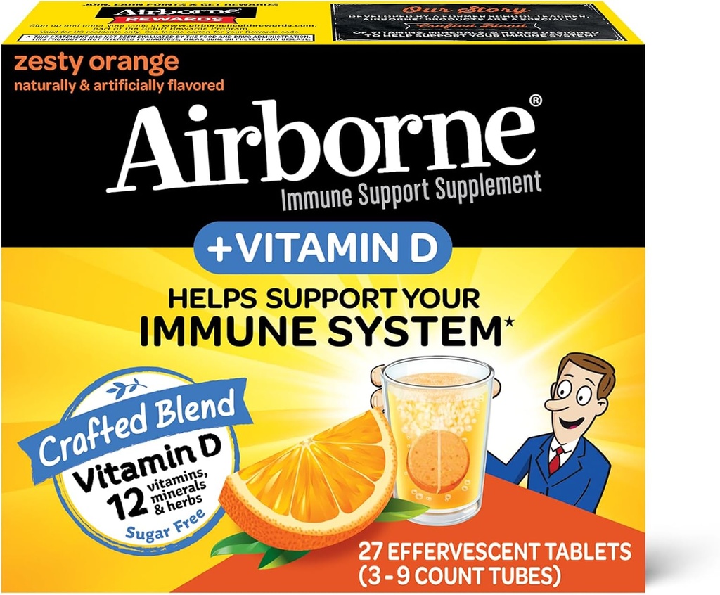 Airborne 750mg Vitamin C med sink Effervescent tabletter, immunstøtte Supplement med kraftige antioksidanter Vitaminer A C D3 & E - 27 Fizzy Drink Tabletter, Zesty Orange Flavor