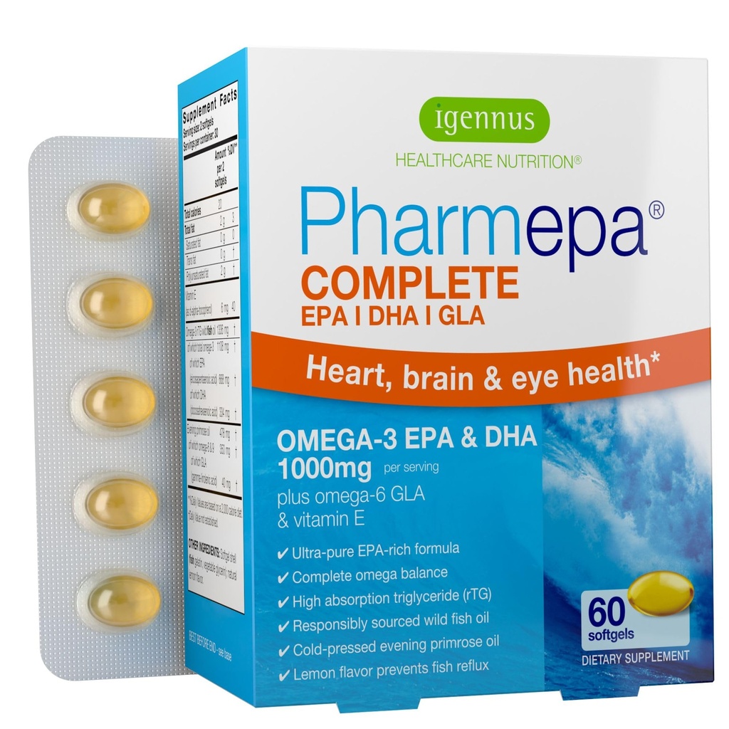 Igenus Pharmepa Komplett EPA 668mg & DHA 334mg Omega-3 Fatty Acids 1000mg, IFOS-sertifisert, RTG Form, høy styrke Fish Oil Plus Omega-6 & 9 fra GLA Aften Primrose Olje, Lemon Flavor, 60 Softgels