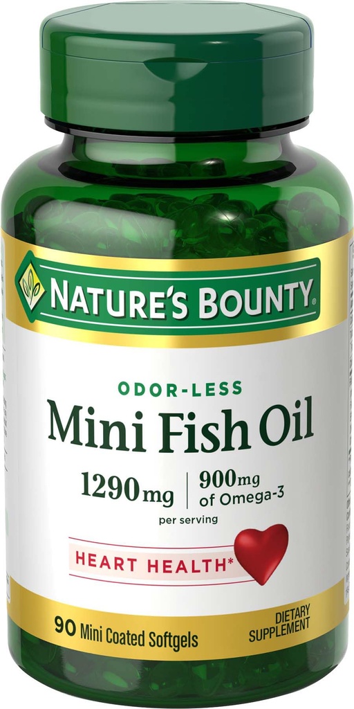 Naturens Bounty Mini Fish Oil Softgels, Burpless Fish Oil Omega 3 Kosttilskudd, støtter hjerte helse, 90 Softgels (pakke med 1)