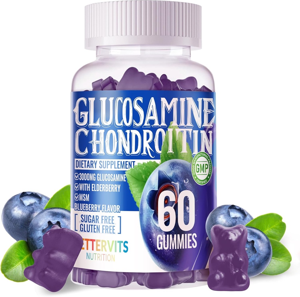 Glukosamin Chondroitin Gummies med MSM & Elderberry Extra Styrke - Felles Støtte, Antioksidant Immun støtte Supplement for voksne, menn og kvinner.60 Blåbær Gummies