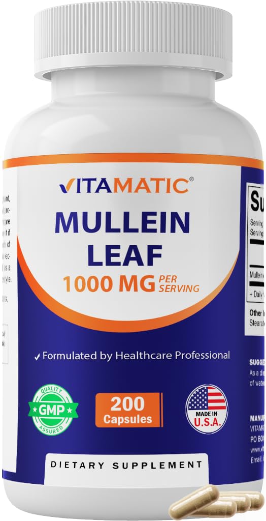 Vitamatic Mullein Leaf 1000mg per servering - støtter sunn andning, bronkial og immunfunksjon - 200 kapsler