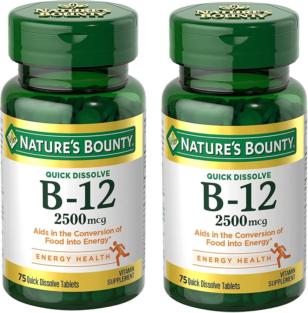 Naturens Bounty Vitamin B12 2500 mikrog, Cellular Energy Support, for energimetabolisme, hjerte og nervesystem helse, 75 raske oppløsning tabletter (pakke med 2)