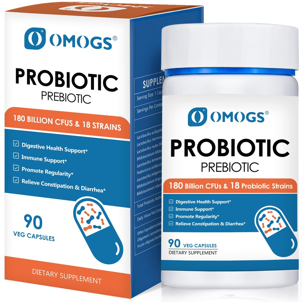 OMOGS Probiotika 120 milliarder CFUs 18 Strains, 3 Prebiotika og Digestive Enzymer, Hjelper Digestive, Gut Helse, Immune, Støtter Av og til Diarrea & Gas - For kvinner og menn, 60 Kapsler