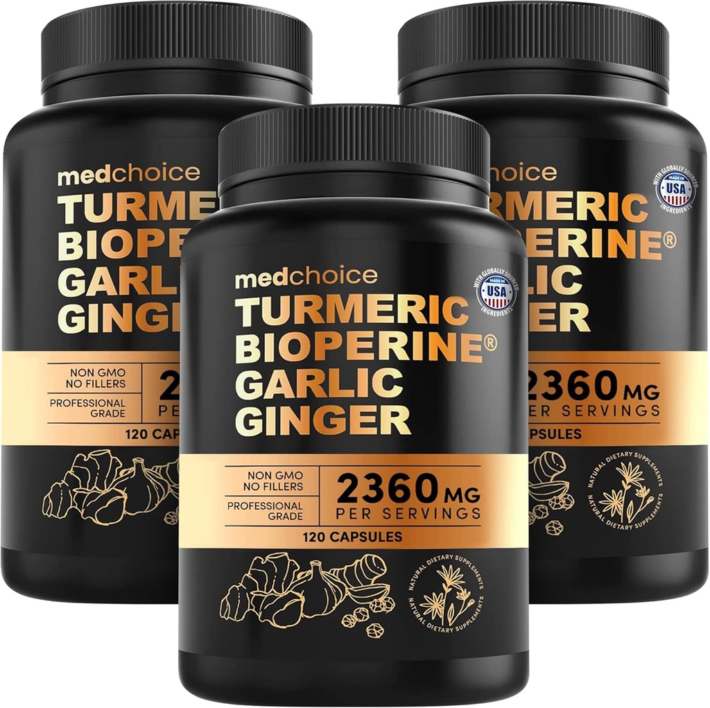 4-i-1 gurkemeie og hvitløkstilskudd med BioPerine – 2360mg gurkemeie Ginger Root Kapsler med hvitløk – høy potens Herbal Blanding (120 ct, pakke med 3)