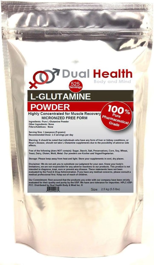 L-Glutamine (2,5kg - 2500g - 5,5 lbs) Rent pulver 5000mg Gratis skjema bulk Supplementer, laget i USA, Immune Digestion GI Support Leaky Gut Helse Muskel Energi Stamina Endurance Styrke