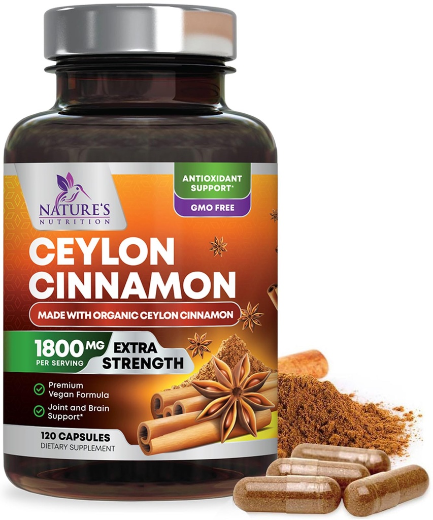 Organic Ceylon Cinnamon Supplement 1800 mg - Certified Organic Ceylon Cinnamon pulver piller - Energi og hjerte støtte for kvinner og menn, flaske i USA, Antioksidant, Glutenfri, Ikke-GMO - 120 Kapsler