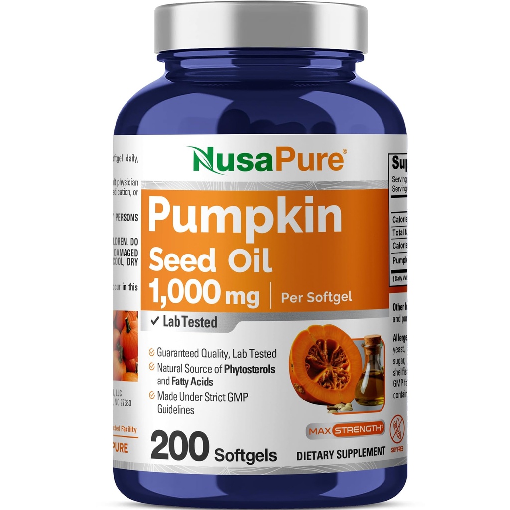 NusaPure Pumpkin Seed Oil 1000 mg 200 Softgel kapsler (ikke-GMO, soyafritt) naturlig forekommende Phytosteroler