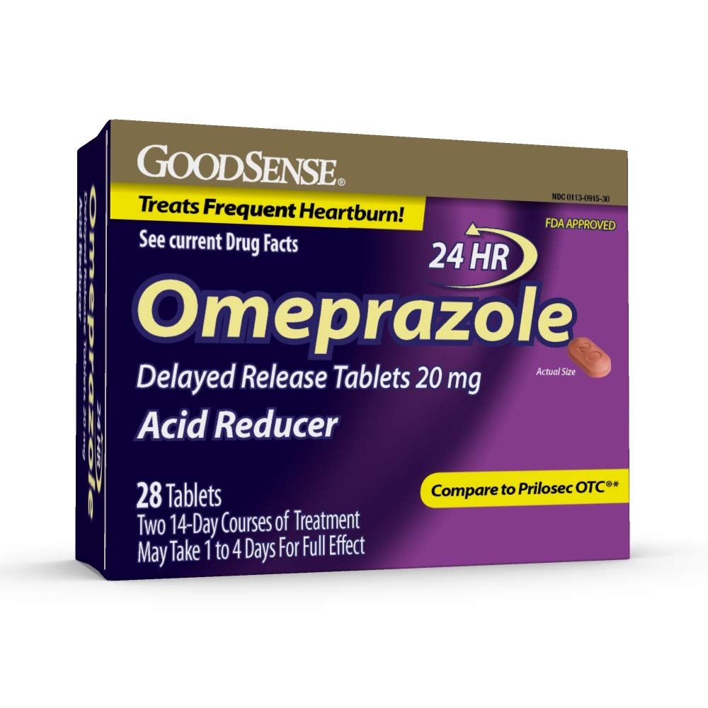 GoodSense Omeprazol Forsinket frigjøringstabletter 20 mg, syrereduser, behandler hyppig halsbrann, 28 teller