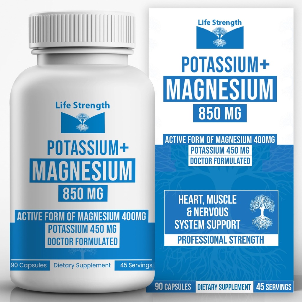Livsstyrke Magnesium Kalium Kompleks Supplement - 90 kapsler - høy absorpsjon Magnesium Støtte Vaskulær Helse & Ben Cramp
