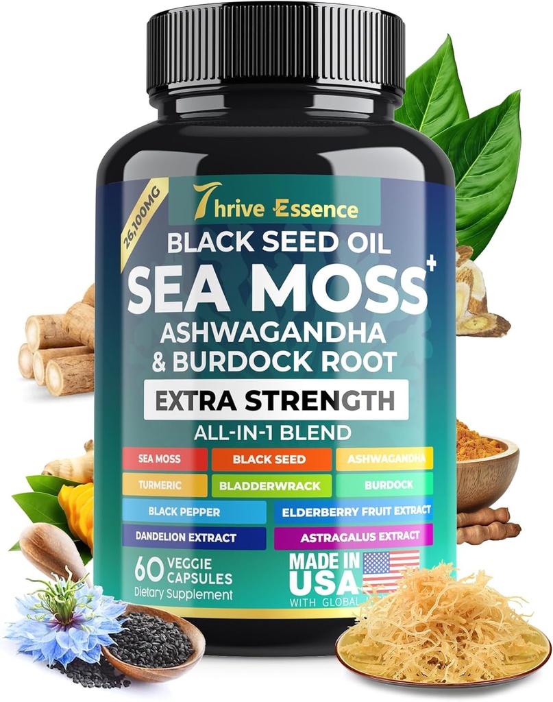 Sjø Moss Ekstrakt, Svart Seed Oil, Ashwagandha, Turmeric & Mer – 10-i-1 Herbal Supplement med Black Pepper & Elderberry – 60 Kapsler