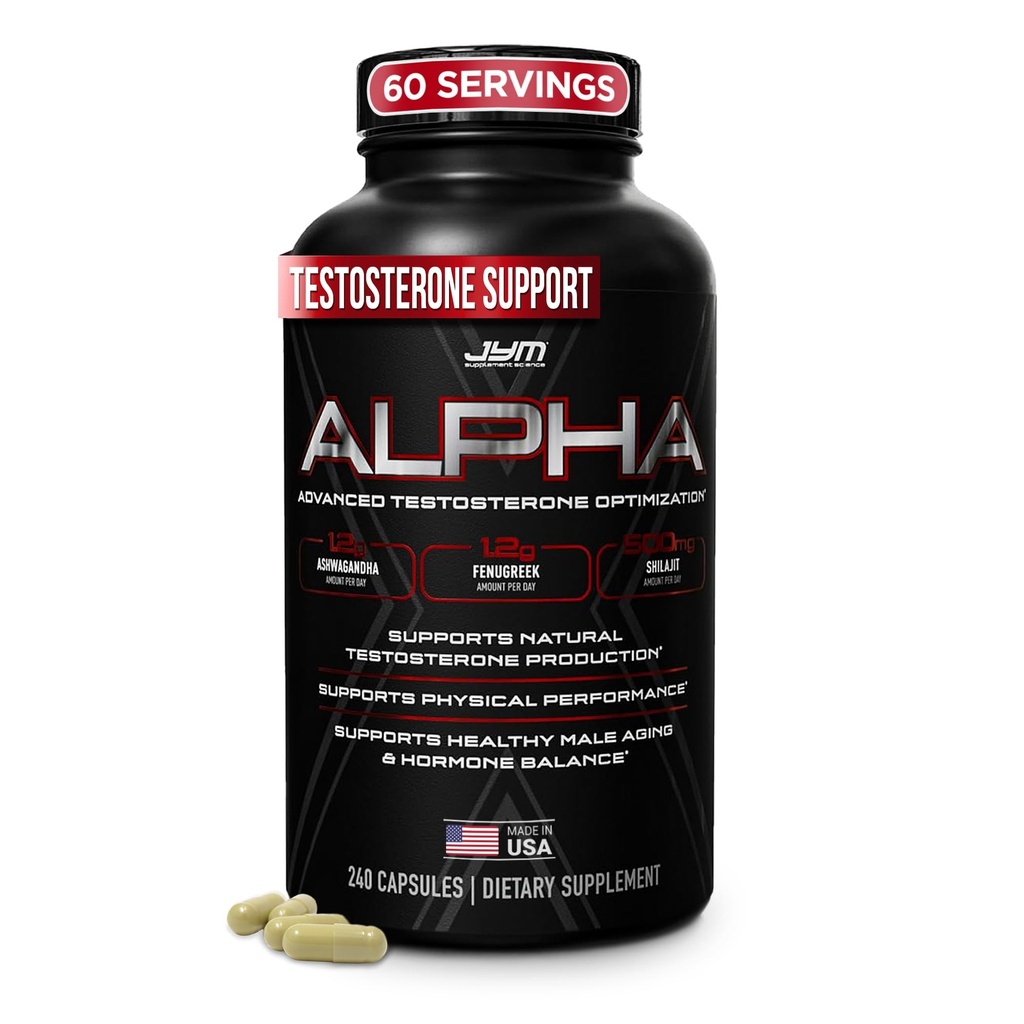 Alpha JYM X Avansert hormonoptimering, Vitalitet, Optimasjon, DHEA, Ashwagandha, Bor, Shilajit, Fenugreek, Eurycoma, Damiana, Quercetin, DIM, JYM Supplerende vitenskap, 240 kapsler