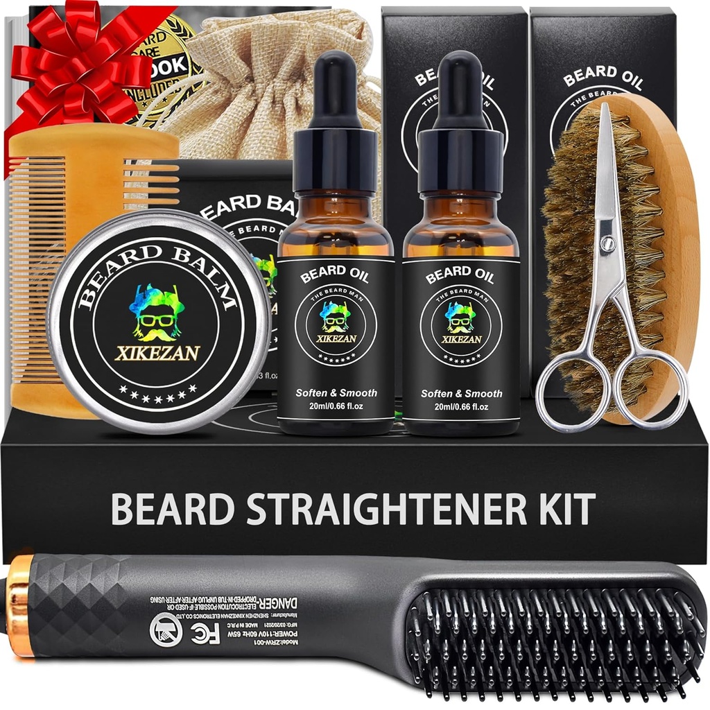 XIKEZAN Beard Kit for menn Grooming & straightening sett, w/Beard Straightener, 2 Pack Olje, Balm, Comb, Saksor, Børste, Burste, Bursdag Valentiner gaver til ham far Menn Kjæreste Jul Strømper