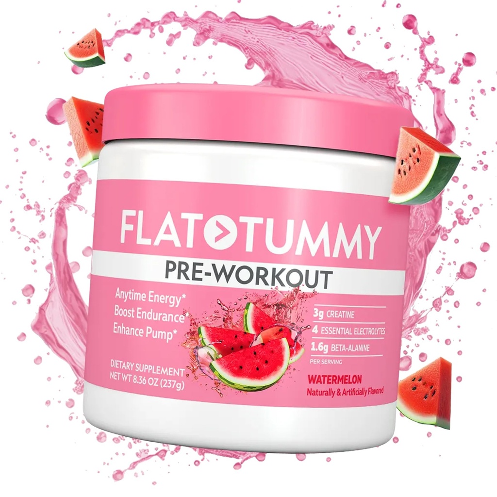 Flat tummy pre trening pulver for kvinner – energi, utholdenhet og muskel støtte med 3g kreatin, 1,6g Beta-Alanin, elektrolyter – Watermelon Flavor – 30 serveringer